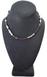 Vintage Sterling Silver Leather Pearl Color Beaded Necklace