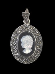 Vintage Sterling Silver Marcasite Cameo Pendant