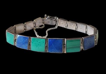 Vintage Sterling Silver Malachite Lapis Stone Bracelet