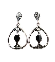 Vintage Sterling Silver Marcasite Onyx Dangle Earrings