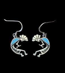 Vintage Native American Sterling Silver Turquoise Inlay Kokopelli Earrings