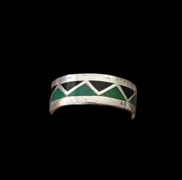 Vintage Native American Sterling Silver Onyx/Green Ring, Size 9