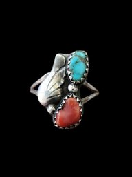Vintage Native American Sterling Silver Turquoise Coral Ring, Size 6