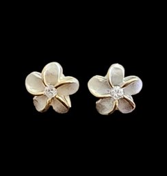 Vintage Sterling Silver Vermeil White Stone Flower Stud Earrings