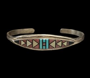 Amazing Vintage Native American Zuni Designer CHEAMA Sterling Silver Multi Color Stone Inlay Cuff Bracelet