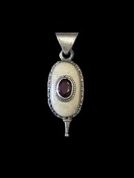 Old Vintage Sterling Silver Ivory/Ruby Color Stone Pendant