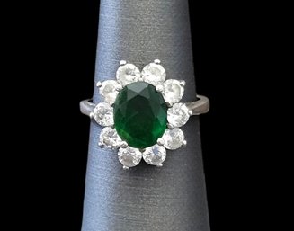 Vintage Sterling Silver Emerald Color Clear Stones Designer Ring, Size 7