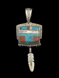 Incredible Vintage Native American Sterling Silver Reversible Turquoise, Coral, Opal, Mother Of Pearl Pendant