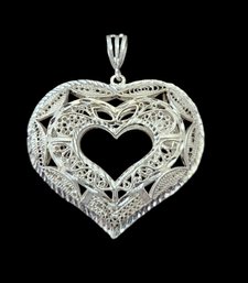 Large Vintage Sterling Silver Filigree Heart Pendant