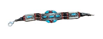 Stunning Sterling Silver And Beaded Native American Bracelet With Turquoise/Coral Color