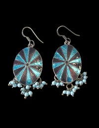 Vintage Sterling Silver Enamel Turquoise Earrings