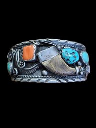 Stunning Vintage Navajo Julian Arviso Sterling Silver Native American Turquoise And Coral Color Stone