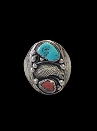 Gorgeous Vintage Native American Sterling Silver Turquoise Coral Ring, Size 10.5