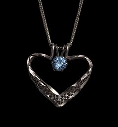 Vintage Sterling Silver 18' Chain Stamped 925 With Sapphire Color Stone Heart Pendant