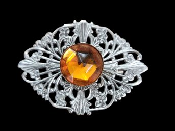 Vintage Silver Tone Brooch With Amber Stone