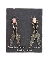 Beautiful Vintage Native American Sterling Silver Pink Opal Feather Stud Earrings