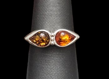 Vintage Sterling Silver Amber Ring,  Size 8