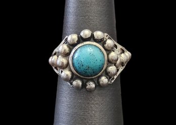 Vintage Native American Sterling Silver Turquoise Ring, Size 7 Adjustable