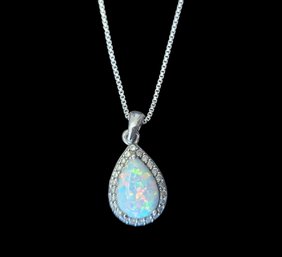 Vintage Italian Sterling Silver Chain With Opal Pendant Necklace