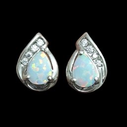 Vintage Sterling Silver Opal CZ Teardrop Earrings