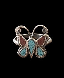 Vintage Sterling Silver Turquoise Coral Inlay Butterfly Ring, Size 6