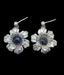Vintage Sterling Silver Blue Sapphire Color Flower Earrings