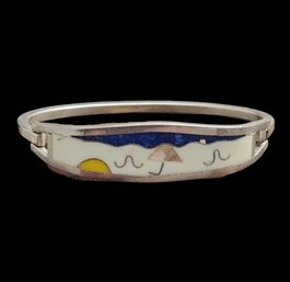 Vintage Taxco Mexican Alpaca Silver Enamel Inlay Beach Scene Bracelet