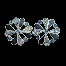 Vintage Sterling Silver Onyx Abalone Inlay Taxco Mexico Screw On Earrings