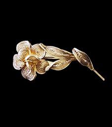 Old Vintage European Silver Vermeil Intricate Filigree Flower Brooch