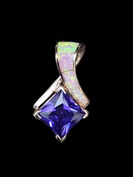 Gorgeous Vintage Sterling Silver Opal Inlay Amethyst Color Stone Pendant