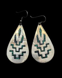 Vintage Taxco Mexico Sterling Silver Turquoise Color Inlay Dangle Earrings