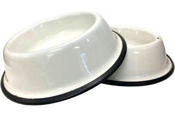 Two Large Enamel Dog Bowls By 'George' 11.5'