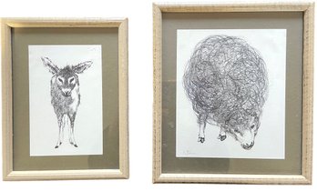 Two Vintage Framed Signed Pencil Drawing Prints - A Donkey And A Sheep