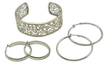 Sterling ? Rhodium? Silver Cuff Bracelet And Earrings - 3 Pieces