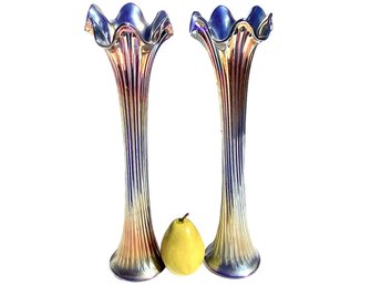 Matching Pair Of Tall Antique Carnival Glass Stretch Vases 16'