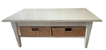 Off White Cottage Style Coffee Table With Wicker Storage Baskets