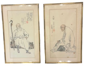 Pair Of Vintage Chinese Paintings Of Two Elders (S)