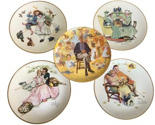 Five Vintage Gold Rimmed 'Norman Rockwell' Porcelain Plates Circa 1970s