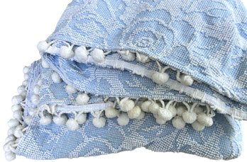 Vintage Fieldcrest Light Blue King Cotton Chenille Coverlet With Pom Poms