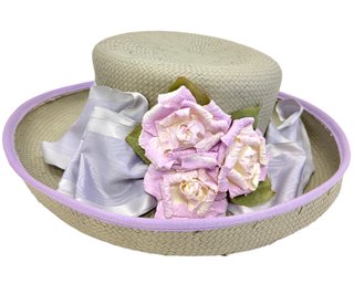 Womens Grey Straw Hat With Bow And Flowers