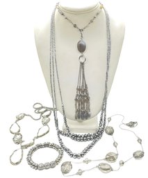 Sparkly Statements In Silver Tone - Neckpieces And Bracelet - 5 Pieces