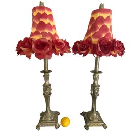 Pair Of Metal Lamps With Rose Petal Shades