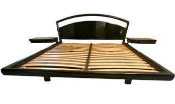 Vintage MCM Japanese Black Lacquer Queen Platform Bed Frame With Attached Nightstands