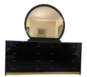 Vintage MCM Japanese Style Black Lacquer Dresser With Mirror