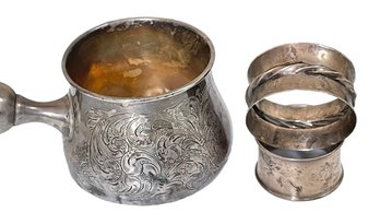 Sterling Silver Lot- Napkin Rings & Antique Handled Bowl 6.9 Toz