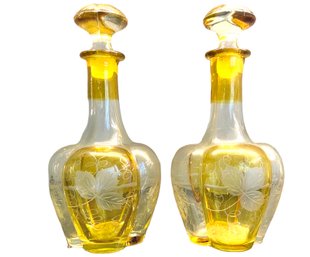 Pair Of Vintage Etched Glass Amber Decanters