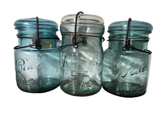 Set Of 3 Vintage Blue-green Atlas & Ball Bail Lid Jars