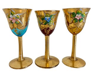Three Vintage Bohemian Hand Painted Cordial Glasses
