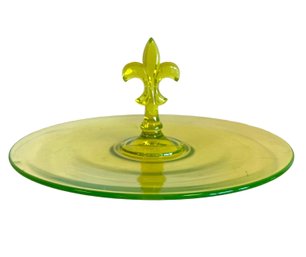 Vintage Fostoria Uranium 'Fairfax Green' Depression Glass Fleur De Lis Handled Tray