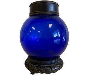 Interesting Vintage Cobalt Glass Ball With Rosewood Accents